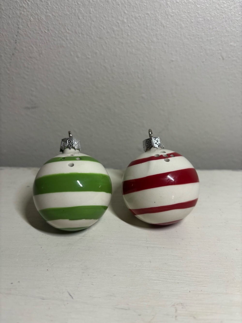Festive Striped Ceramic Ornament Salt & Pepper shakers Pair - Red & Green